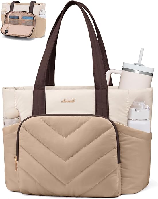 LOVEVOOK Puffer Tote Bag for Women, V-Quilted Puffy Teacher Tote Nurse Bag, Large Shoulder Laptop Purse for Work Travel Gym