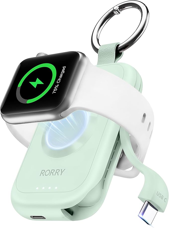 RORRY CharmGo Charger for Apple Watch Series 10, 2500mAh Fast Charging Portable Charger for iWatch, Travel Charger with Built-in USB C Cable for Apple Watch Ultra Series 9 8 7 6 3 Accessories, Green