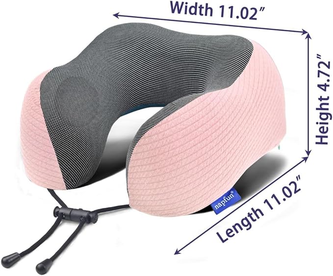 napfun Neck Pillow for Travel with Travel Pouch, Sleep Mask & Earplugs, Memory Foam Airplane Pillow for Headrest Sleep with Eyeshades, Plane Essentials with Eye Blindfold, Pink Striped Kit
