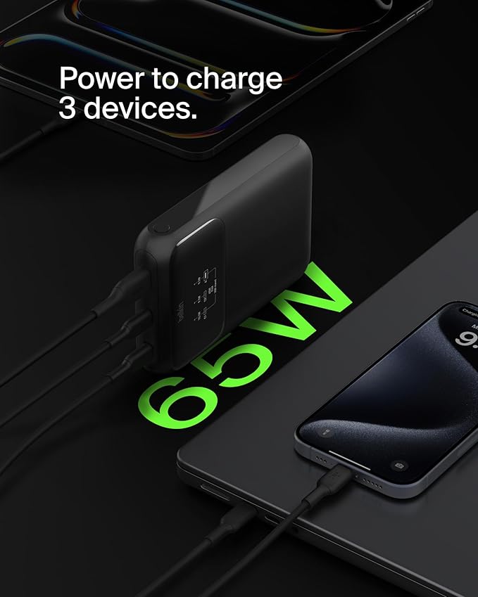 Belkin Portable Charger Power Bank, 3-Port Laptop Power Bank 20000 mAh, USB-A & USB-C Chargers Fast Charging 65W Ports for MacBook, Apple iPhone 17, iPad, Samsung Galaxy S25, Nintendo Switch 2 - Black