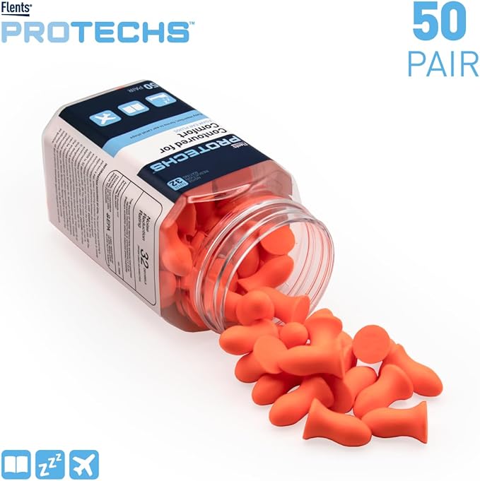 Flents Protechs Foam Ear Plugs, Contoured for Comfort, Ideal for Work with Loud Noise, Heavy Machinery, Construction, Studying & Traveling, NRR 32, Orange, Easy to Use, 50 Pair