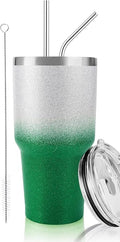 D·S 30 oz Tumbler Christmas Green Glitter Gradient Cup Stainless Steel Double Wall Vacuum Insulated Mug with Straw and Lid, Cleaning Brush for Cold and Hot Beverages