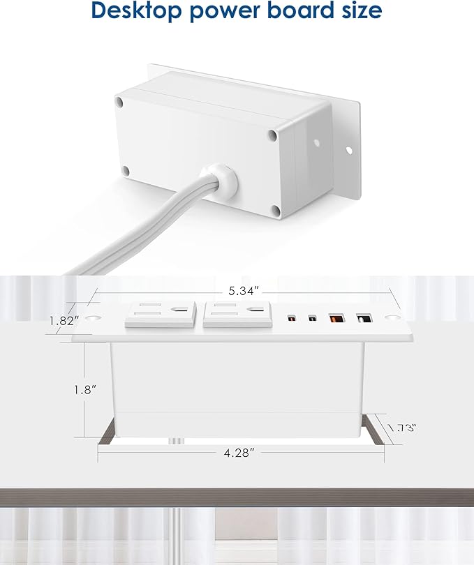 Recessed Power Strip with 30W USB C,Ultra Thin Flat Plug Power Strip,2 Outlets 4 USB Ports,Furniture Flush Mount Desk Outlet,Recessed Outlet for Side Table/Sofa Table,6ft Cord (White)