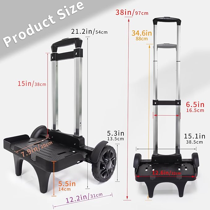Folding Backpack Trolley with Large Solid Tank Wheels, Aluminum Alloy Luggage Cart with Edge Guard Base, Universal Hand Truck for Backpacks, Lunch Backpack,Golf Bag, Teenagers, Adults, School, Travel