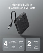 VRURC 20000mAh Portable Charger with Built-in 4 Cables, Battery Pack Charger Portable PD 20W Fast Charging, Power Bank for iPhone 17 X Samsung Galaxy S26 Series Android Phone, Black
