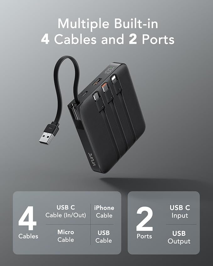 VRURC 20000mAh Portable Charger with Built-in 4 Cables, Battery Pack Charger Portable PD 20W Fast Charging, Power Bank for iPhone 17 X Samsung Galaxy S26 Series Android Phone, Black