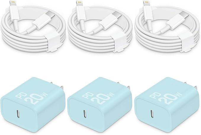 CXX Fast Charger for iPhone [3-Pack, MFi Certified], 20W USB-C PD Block with 6Ft Charging Cable Compatible with iPhone 14/13/12/11/Pro Max & iPad (Blue)