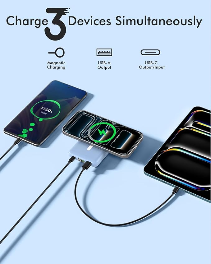 podoru for Magsafe Power Bank, 10000mAh Magnetic Portable Charger with 22.5W PD Fast Charging USB-C Cable LED Display Wireless Battery Pack for iPhone 17/16/15/14/13/12 Series-Light Blue