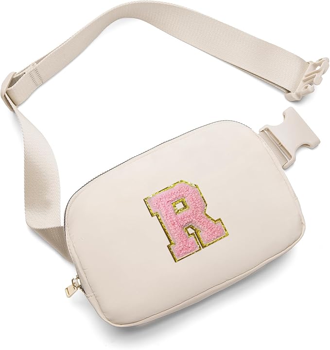 Gitus Belt Bag Fanny Pack Crossbody Bags with Initial Letter Patch Cute Stuff Birthday Gifts for Teenager Girls Trendy Preppy Stuff for Teen Girls(Beige-R)