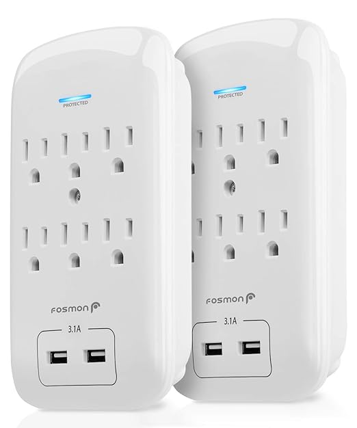 Fosmon 6 Outlet Surge Protector 1200 Joules with 2 USB Ports Charger (3.1A), Multi Plug Outlet Extender 1875 Watt, 3-Prong Grounded Wall Tap Adapter (2 Pack)