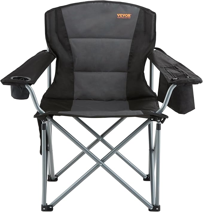 VEVOR Oversized Camping Folding Chair, Portable Heavy Duty Outdoor Quad Lumbar Back Padded with Side Pockets, Cup Holder and Cooler Bag for Beach, Lawn, Picnic, Fishing, Backpacking, Black