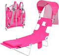Backpack Beach Tanning Chair with Canopy and Face Hole, 6-Position Folding Lay Out Lounge Chair, UPF 50+ Wind-Resistant Sun Shade, Portable Recliner for Sunbathing, Outside, Poolside, Pink, Patented