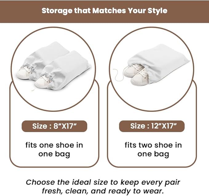 LFH Cotton Rich Shoe Storage Bags with Drawstring, Dustproof Breathable Reusable Organizer, Perfect For Travel, Dorm, Hotel, College, Gym, Easy to Carry, Machine Washable 12"x17" (Pack of 2) - White