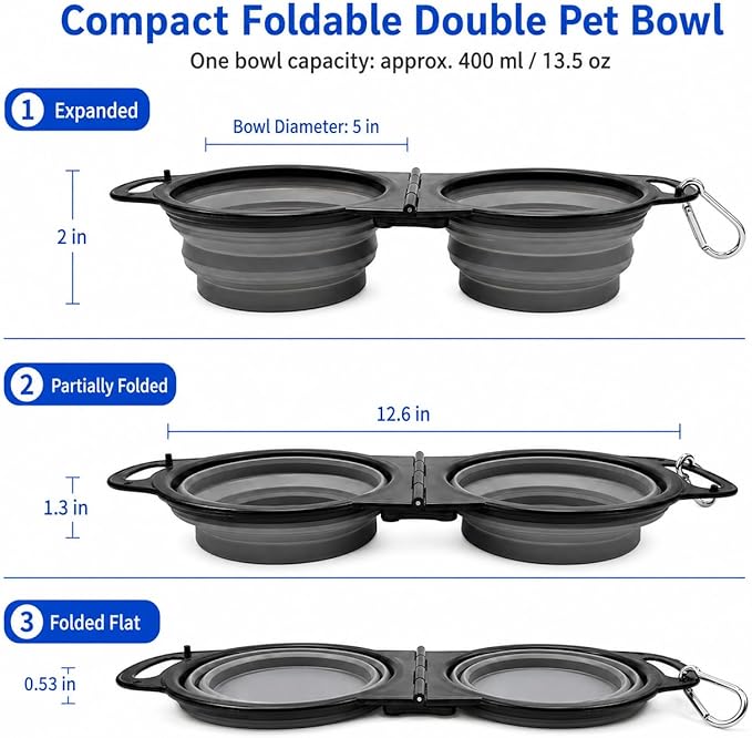 Collapsible Dog Bowls with Carabiner, Double Portable Travel Pet Bowls for Food and Water, Foldable Silicone Dog Bowl for Walking, Hiking, Camping, Small Medium Dogs and Cats,Gray