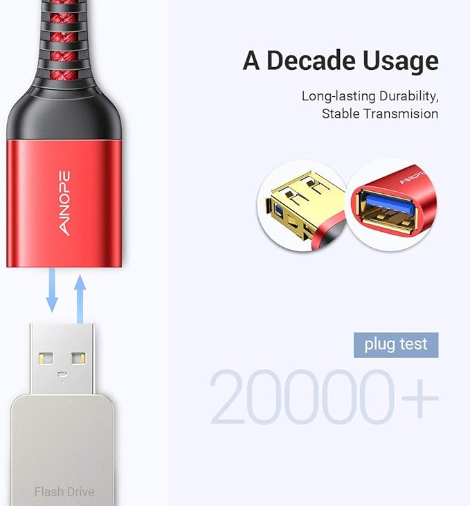 AINOPE USB Extension Cable,USB Extender,USB 3.0 Extension Cable, Male to Female Cord High Data Transfer Compatible with Webcam,Keyboard,Flash Drive,Hard Drive,Printer,10FT,Red