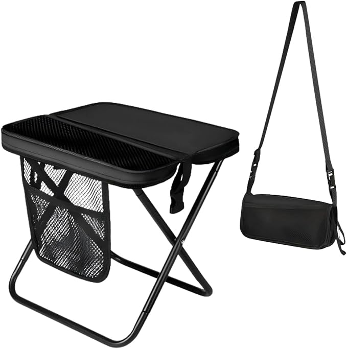 16" Portable Collapsible Stool - Folding Chair with Storage Pouch, Convertible Satchel for Hands-Free Carry & Supports 300Lbs, Ultralight for Hiking, Fishing, Camping, Festivals (Black, Large)