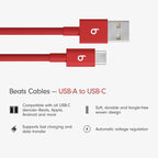 Beats USB-A to USB-C Woven Cable Fast Charging Durable and Tangle-Free Design Compatible Charger for Apple & Android Devices (1.5 m, 5 ft) - Rapid Red