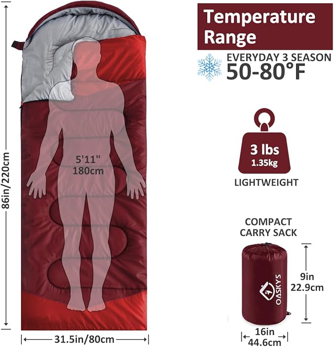 oaskys Camping Sleeping Bag - 3 Season Warm & Cool Weather - Summer Spring Fall Lightweight Waterproof for Adults Kids - Camping Gear Equipment, Traveling, and Outdoors