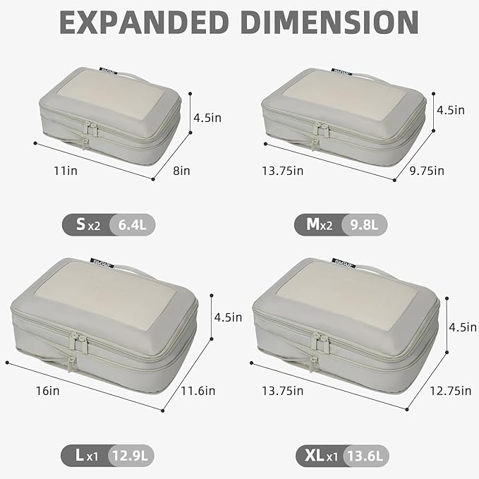 BAGAIL 4 Set/6 Set/8 Set Compression Packing Cubes Travel Accessories Expandable Packing Organizers (Square Mesh, 06-Grey)