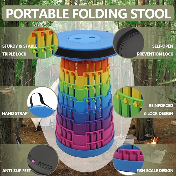 JAEMEYEM Collapsible Stool Upgraded, Folding Telescoping Foldable Camping Stool, Sturdy, Portable Telescopic Compact Folding Chair, Retractable Seat or Foot Rest for Travel, Parties, Queue