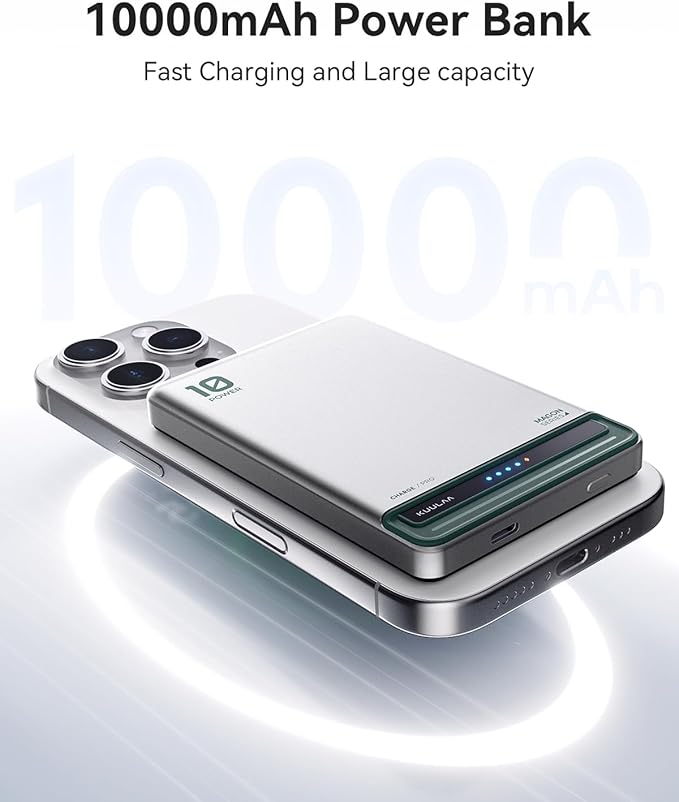 Kuulaa 10000mAh MagSafe Battery Pack, 0.51in Ultra Slim Magnetic Power Bank with LED Indicator, 20W PD USB-C Fast Charging Portable Charger for iPhone 17/16/15/14/13/12, Silver