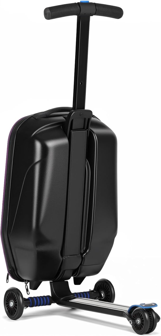 smilesun Scooter Luggage For Kids & Adults， Hardside Ride On Suitcase For Kids Ages 4-15 Multifunctional Lightweight Foldable Carry On Luggage With Wheels Ride On For Children Teenagers（Purple）