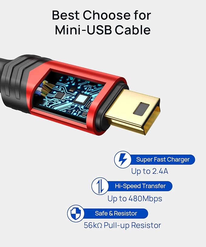 JSAUX Mini USB Cable 10FT, USB 2.0 Type A to Mini B Fast Charging Braided Cord Compatible with Blue Yeti Microphone Garmin Nuvi GPS 50 55 Ti-84 Plus CE Canon Rebel t7 Camera Gopro Red