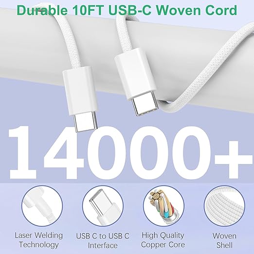 iPhone 16 15 Charger Fast Charging,3Pack 20W Fast Charging USB C Charger with 10Foot Long Type C to C Cable Cord TypeC Block Brick for iPhone 17/16e/16/16Pro/16 Plus/16 ProMax/15 Pro,iPad Air/Pro/Mini