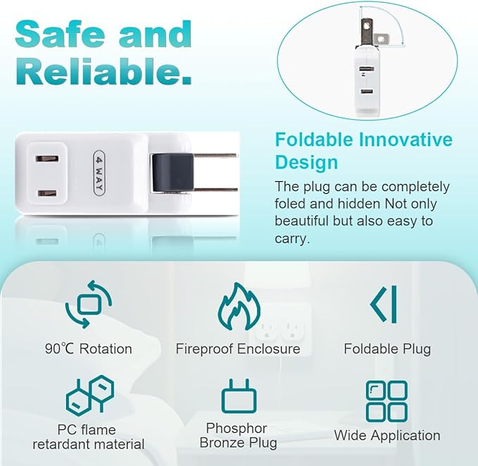 SYCON 4 Outlet Wall Adapter, 2-Prong Swivel Ungrounded Indoor AC Mini Plug Wall Tap - White