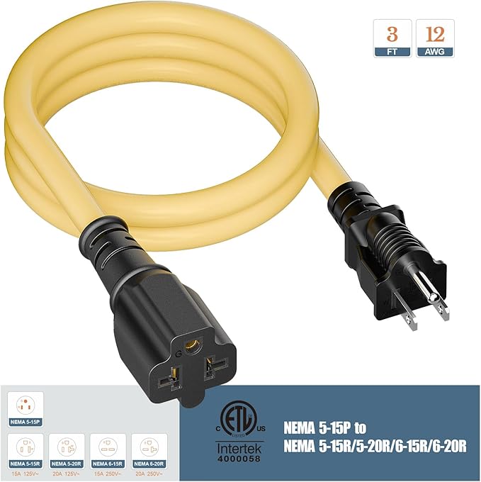4 in1 NEMA 5-15P Extension Cord, Winxus 3FT NEMA 5-15P to 5-15R, 5-20R, 6-15R, 6-20R Adapter Cord, 15A to 20A AC Adapter Cable, 3 Prong Extension Cords 3 FT