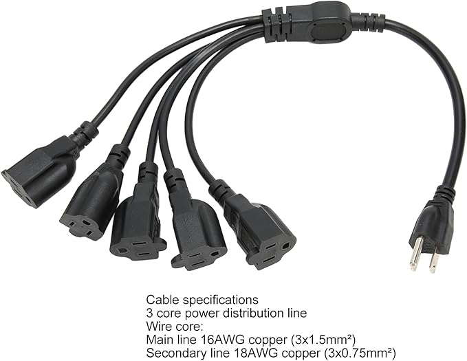 Extension Cord Splitter, 3 Prong 1 to 5 Outlet Splitter, 16AWG 18AWG 5 Way Outdoor Outlet Extender for Computer LED Stage Light