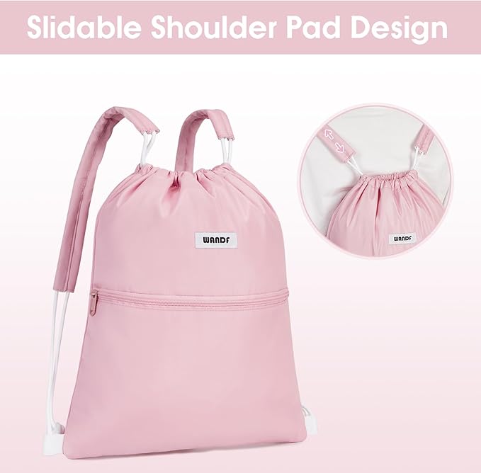 WANDF Drawstring Backpack Sports Gym Bag with Shoulder Pads Water Resistant String Bag Cinch Bag for Women Men (Pink)