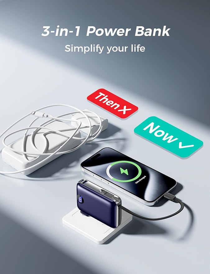 Portable Charger with Built-in Cables & Wall Plug, 10000mAh Power Bank, 4 Outputs 22.5W USB C Fast Charging, Slim Travel Battery Pack with LED Display for iPhone 17/16/15/14, DarkBlue