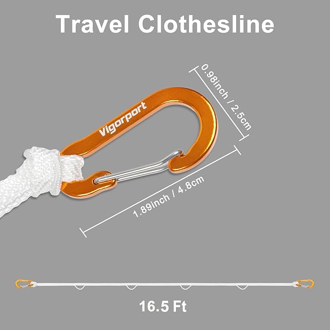 Vigorport Portable Travel Clothesline, Windproof Clothesline with Hang Hole, Indoor and Outdoor Clothes Line for Camping, Hotel, Backyard, Cruise Ship (White, 16.5Ft)
