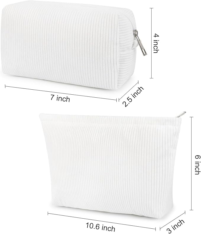 SOIDRAM 2 Pcs Corduroy Makeup Bag Large Cosmetic Bag Toiletry Bag Makeup Pouch Travel Bag Organizer Cute Makeup Brushes Aesthetic Accessories Storage Bag for Women White
