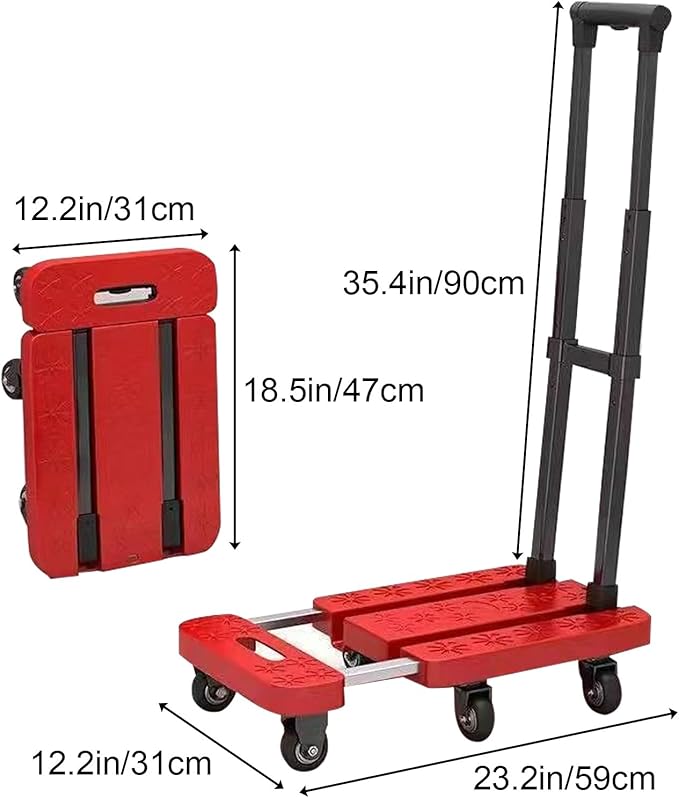 Red Extendable Folding Flatbed Cart Mobile Hand Truck with Adjustable Platform Smooth Rolling WheelsPortable Utility Cart for Home Office and Garden