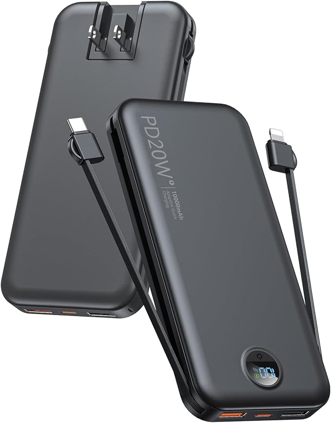 Portable Charger, 10000mAh PD20W Fast Charging Power Bank with Built-in Cables & Wall Plug, External Battery Pack with LED Display, Travel Essentials Battery Bank for iPhone, iPad, Samsung Matte Black