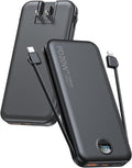 Portable Charger, 10000mAh PD20W Fast Charging Power Bank with Built-in Cables & Wall Plug, External Battery Pack with LED Display, Travel Essentials Battery Bank for iPhone, iPad, Samsung Matte Black