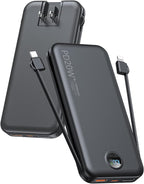 Portable Charger, 10000mAh PD20W Fast Charging Power Bank with Built-in Cables & Wall Plug, External Battery Pack with LED Display, Travel Essentials Battery Bank for iPhone, iPad, Samsung Matte Black
