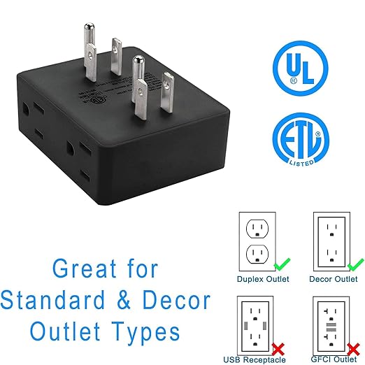 6 Outlet Extender, HITRENDS Multi Plug Outlet Extender, 4 Pack 3-Prong Wall Plug Multiple Splitter for Cruise Ship Home Office Dorm Room Essential, 1875W, Black