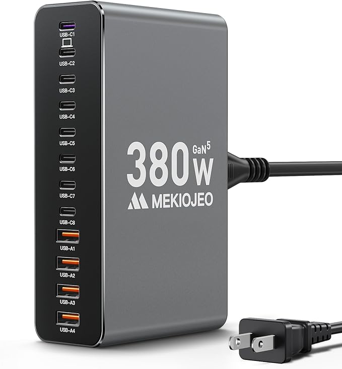 12 Ports Aluminum Alloy 380W Charging Station Fast USB C Charger Block 65W Laptop GaN Charger for MacBook Pro/Air/iPad Pro/iPhone (Gray)