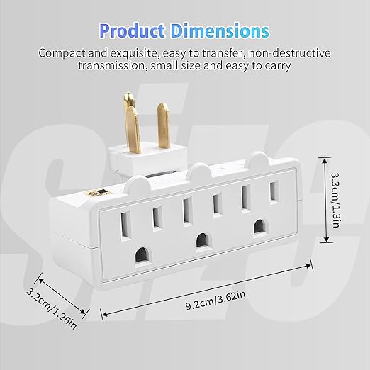 3 Plug Wall Adapter, 2-Pack 3 Outlet Adapter Grounded 180 Degree Swivel Wall Plug Outlet, UL Listed Rotating Outlet Extender, Electrical Plugs 3 Prong for Home Office School Dorm