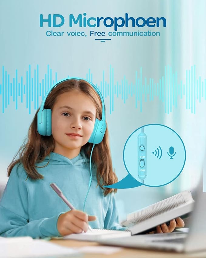 awatrue Kids Headphones for School Travel, 85/94dB Safe Volume Limit, 3.5mm Jack, HD Mic, Portable Wired Headphone with Shareport, Stereo Sound On-Ear Headphones for Toddler Kids Girls Boys Blue