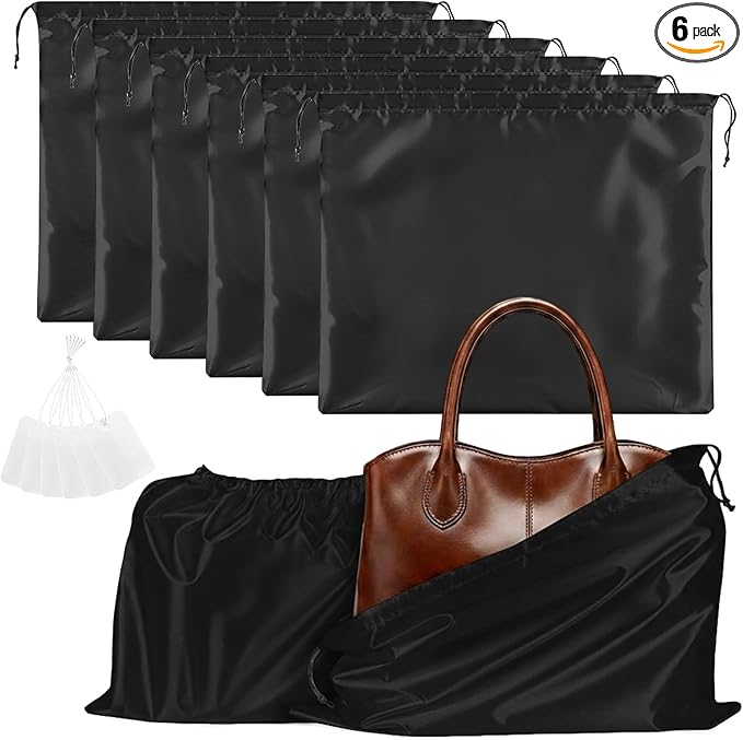 Q&J Fabric Co. 6 Pack Satin Dust Bags for Purses and Handbags - Purse Storage Organizer with Drawstring, Dustproof Travel Storage Pouches for Handbags, Shoes, Boots & Clothes (15.7"x19.7", Black)
