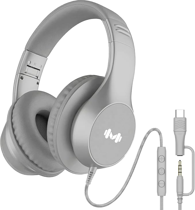 Wired Headphones, Premium Over-Ear Headset with Hi-Fi Stereo Sound, Noise-Isolating Ear Cushions, Lightweight Comfortable Design, Tangle-Free Cable, Ideal for Work & Daily Commute (Silver)