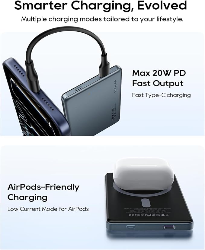 Kuulaa 10000mAh Magnetic Portable Charger Slim Magsafe Battery Pack 0.47'' Power Bank Support USB C PD 20W Fast Charging, Compatible with iPhone air/16/15/14/13/12