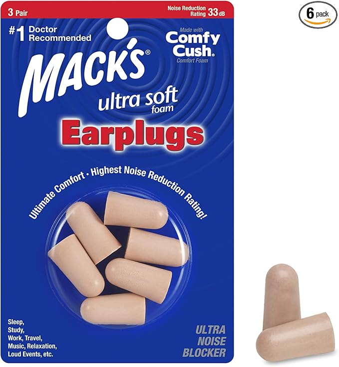 Mack's Ultra Soft Foam Earplugs, 3 Pair - 33dB Highest NRR, Comfortable Ear Plugs for Sleeping, Snoring, Travel, Concerts, Studying, Loud Noise, Work | Made in USA