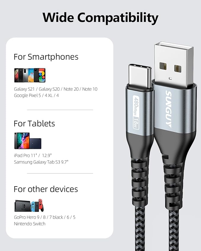 SUNGUY 6 inch Short USB C Cable 3Pack, 3A USB A to USB C Cable Fast Charging Cable Data Transfer Braided Compatible with iPhone 17/16/15 Series, Samsung Galaxy S25/S24