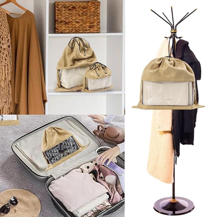 Ouliget Dustproof Drawstring Suede Fabric Bags,Premium Transparent Purse Bags with PVC Clear Window,Handbags Shoe Toy Dust Cover Bags for Storage and Travel