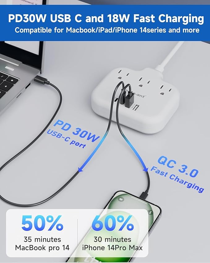 PD30W European Travel Plug Adapter, International Power Strip with 3 Outlets 4 USB Ports(2 USB-C), Universal Travel Adapter with 5ft Extension Cord for EU US UK Europe France Spain